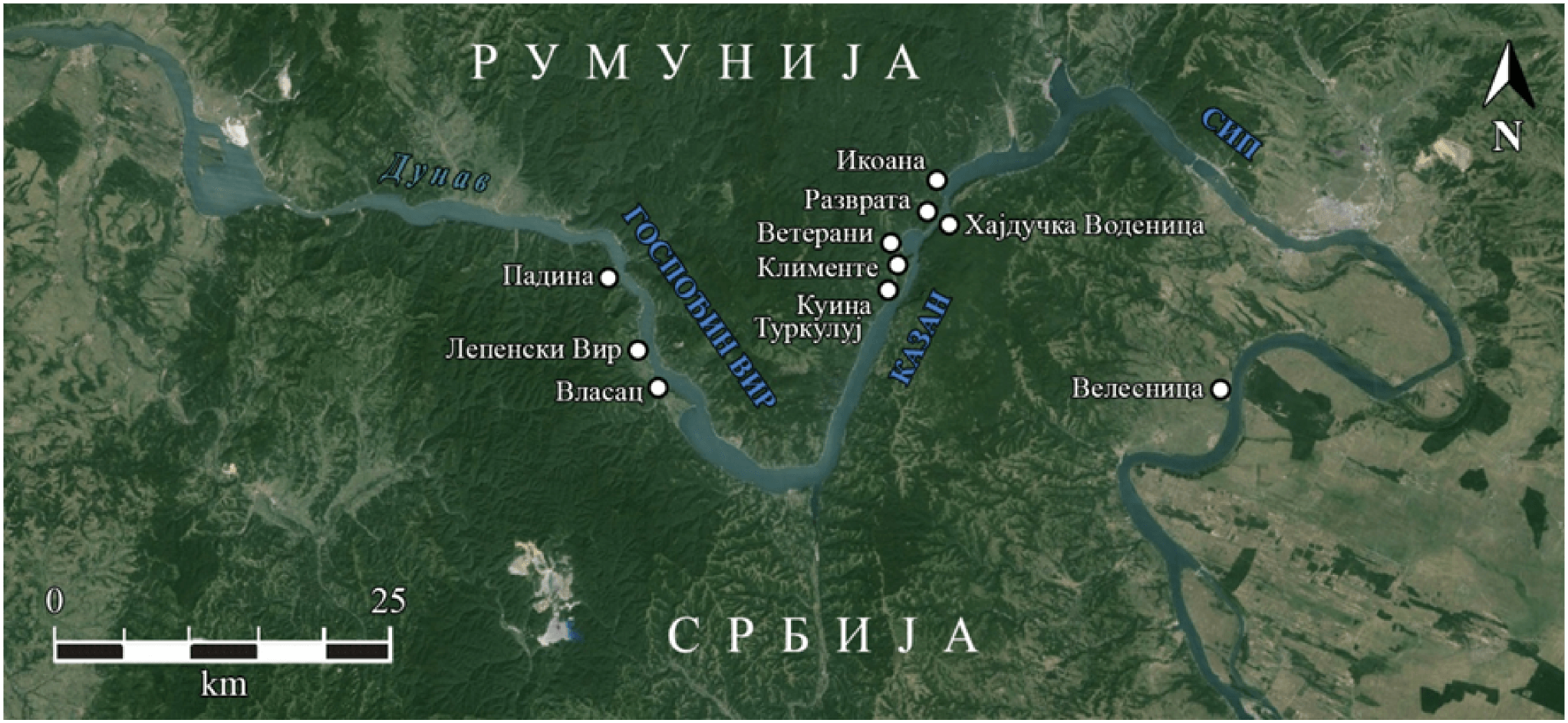 Map of the Đerdap Gorge (the Iron Gates Gorge), depicting the archaeological sites dating from the Mesolithic and Neolithic periods (9500–5500 BC) which are mentioned here.