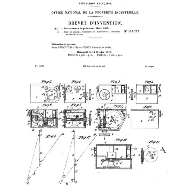 A sketch of the part of the mechanism of the depth measurer – patent no. 413.730 (Espacenet European Patent Office, FR413730 A)