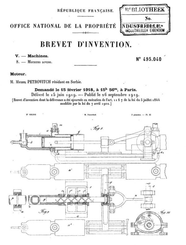 The sketch of a model of a motor with the piston of alternating impact, patent no. 495.040 (Espacenet European Patent Office, FR495040 A)