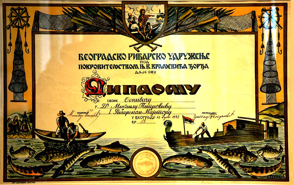 The Belgrade Fishery Association confers a diploma to its founder Mihailo Petrović on July 12, 1942. (SASA Archive, 14188/33)