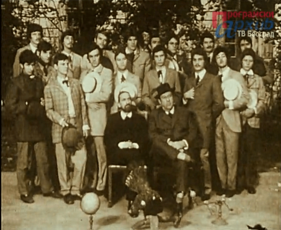 A shot from a movie Professor Kosta Vujić’s Hat, 1971, Vladimir Andrić, Graduates of Professor Kosta Vujić in the First Belgrade Gymnasium. (Source: Program Archives of Television Belgrade)